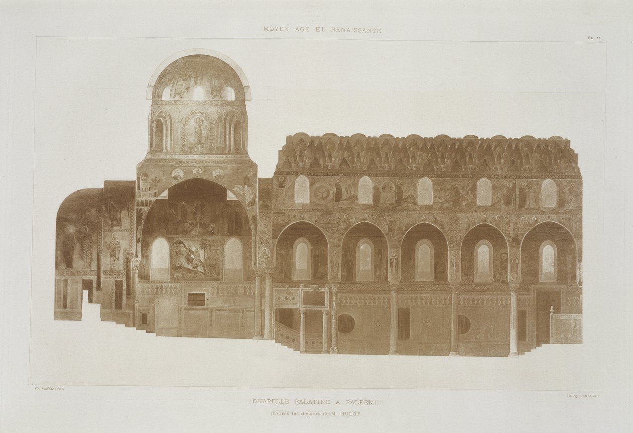 Tverrsnitt av Palatinerkapellet, Palermo, Sicilia, fra Fragments dArchitecture du Moyen Age et de la Renaissance, gravert av Jules Adolphe Chauvet (f.1828) av French School