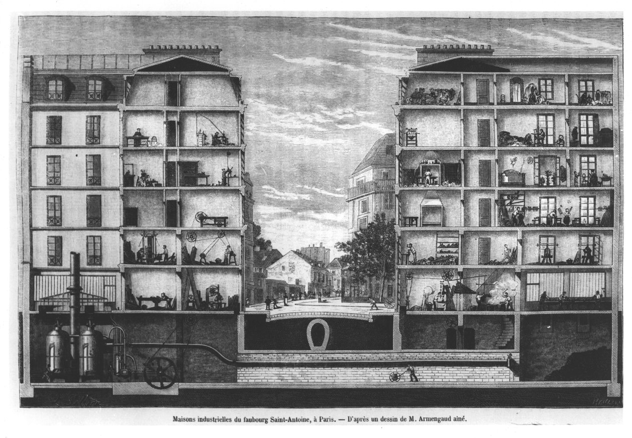 Tverrsnitt av industrihus ved Faubourg Saint-Antoine i Paris, illustrasjon fra Le Magasin Pittoresque, 1885 av French School