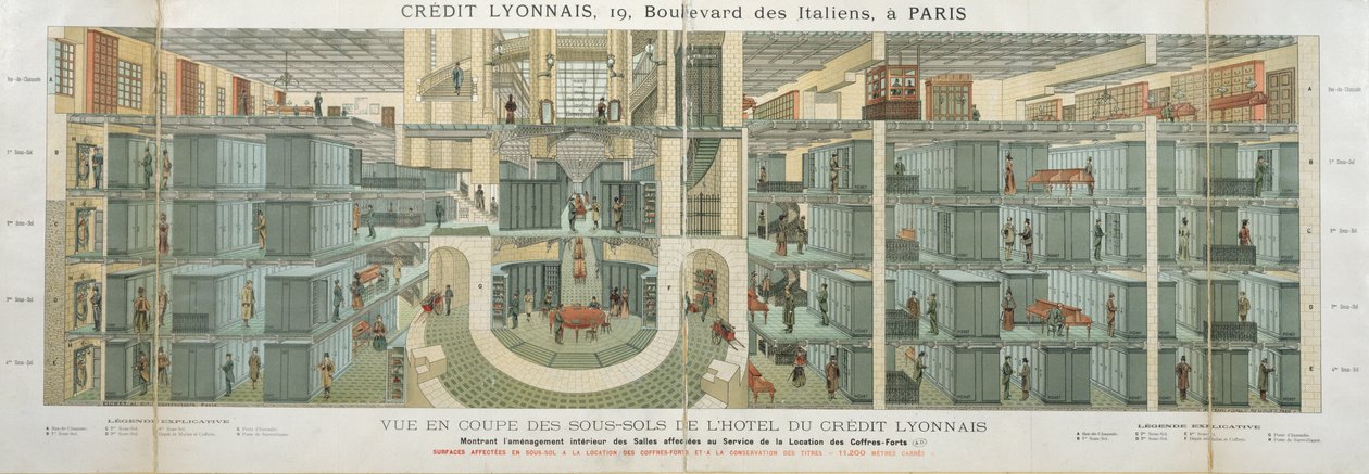 Tverrsnitt av kjelleren til Credit Lyonnais, 19 Boulevard des Italiens, ca. 1878-82 av French School