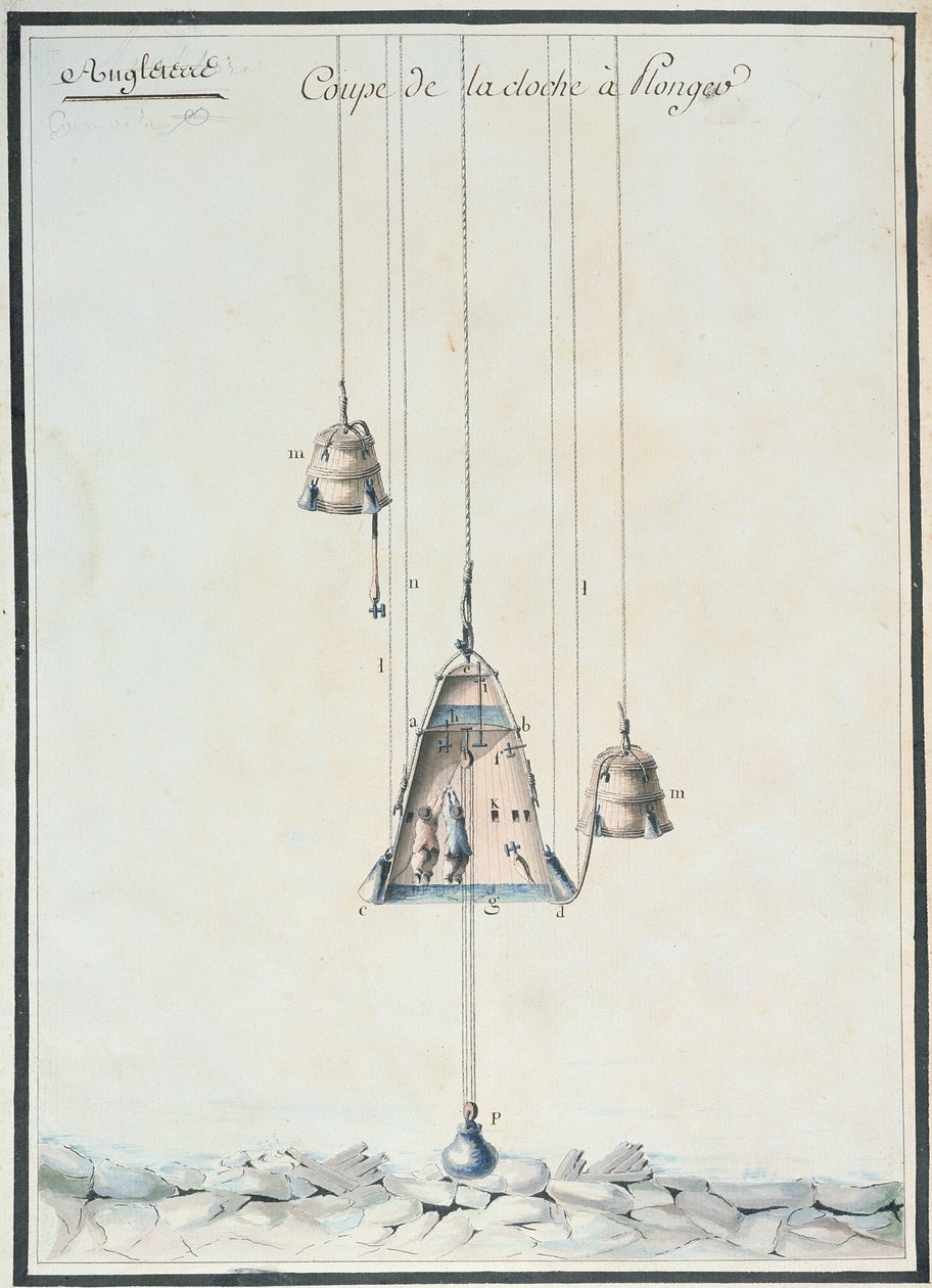 Tverrsnittstegning av en dykkerklokke, 1785 (wc på papir) av French School