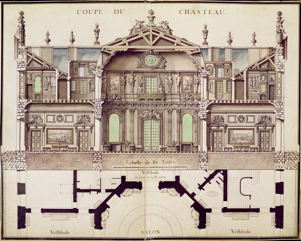 Tverrsnittsplan av Chateau de Marly, 1714 av French School
