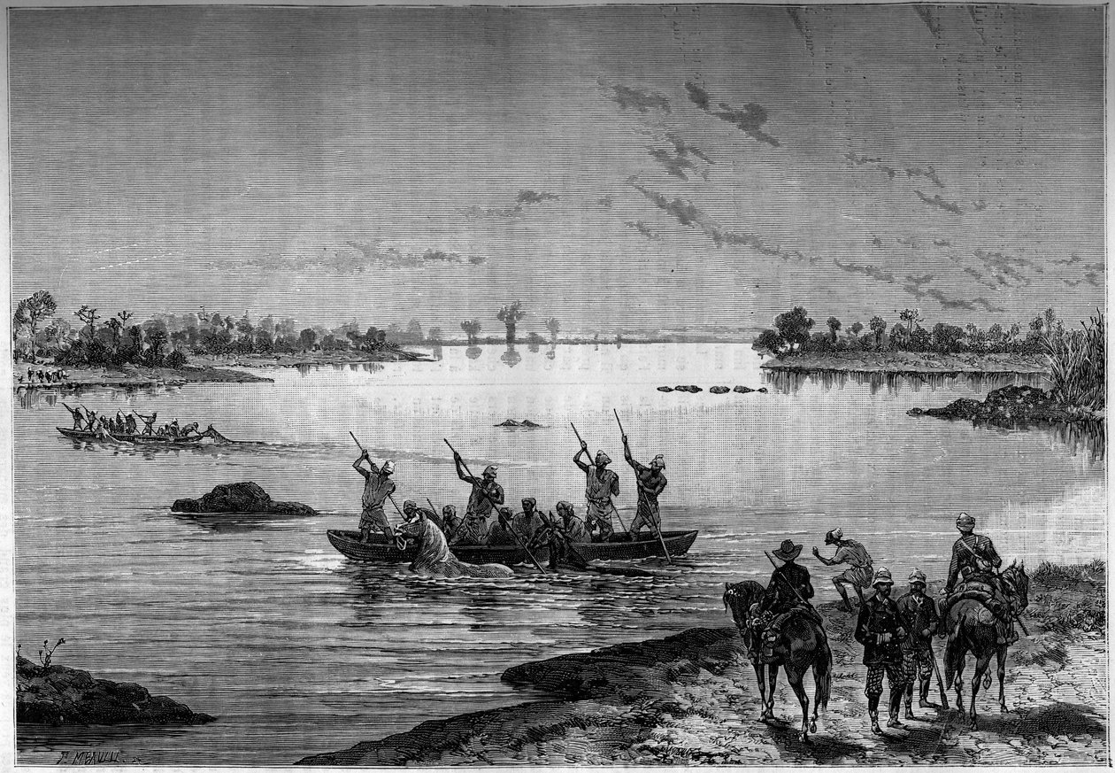 Crossing Niger by boat by missionaries.. Engraving in the illustrious journal “” Youth”” av French School
