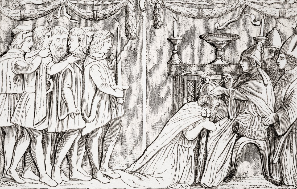 Kroning av Sigismund som den hellige romerske keiser av pave Eugene IV i 1433, fra L"Histoire Universelle Ancienne et Moderne, utgitt i Strasbourg ca. 1860 av French School