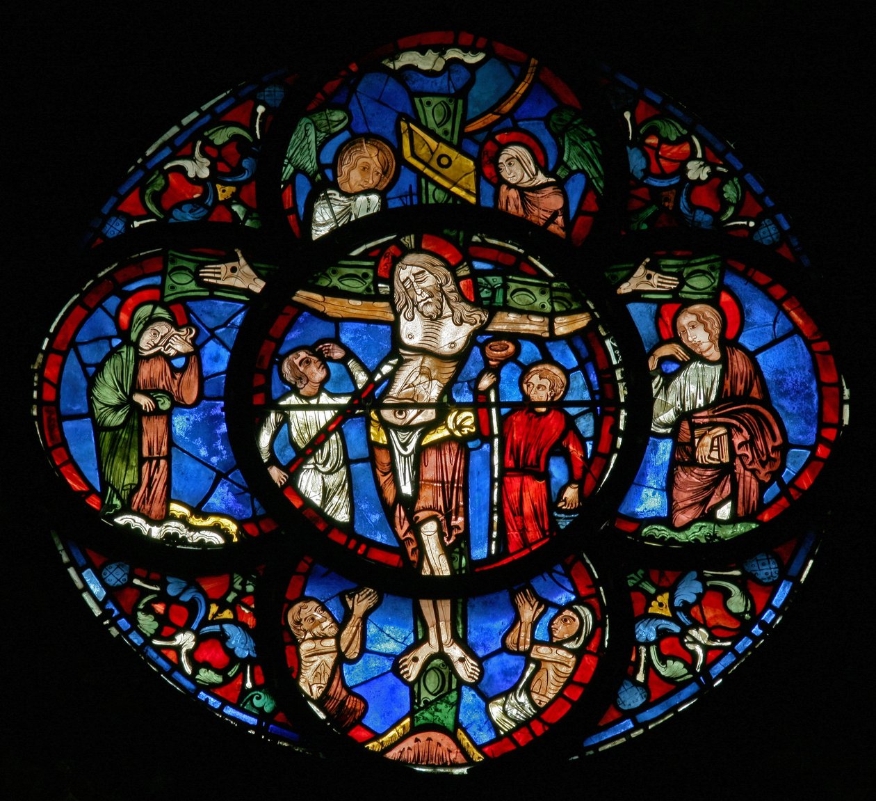 Korsfestelse med Maria og Johannes, Adam og Eva (w28c) av French School