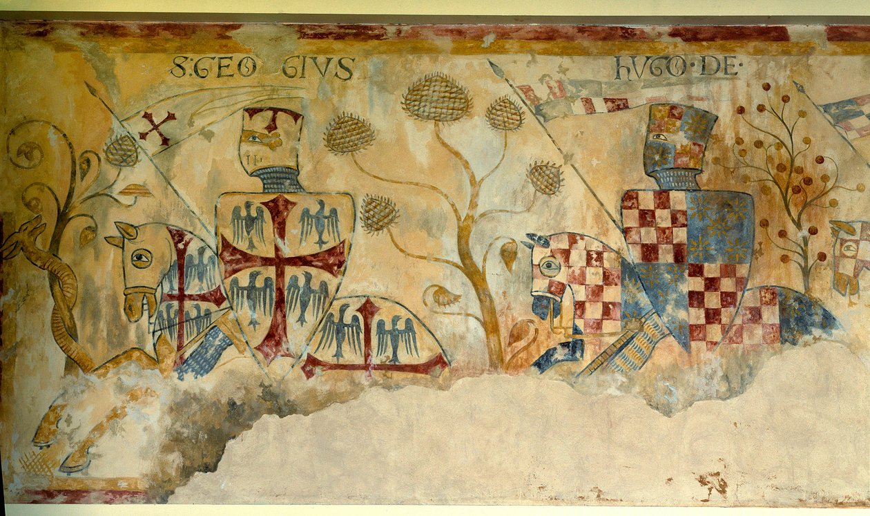 Korstog: avgang fra Knights for the Crusade: representasjon av Saint George og Hugh I av Vermandois (1057-1102) (?) eller Hugh XII av Lusignan (?). Detalj av en fresco av Saint Jacques de Gueret av French School