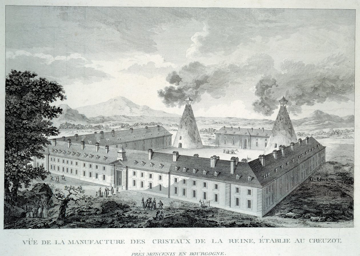 Krystallverk av dronning Marie Antoinette på Creusot nær Moncenis i Burgund. Gravering fra 1787. Le Creusot, Ecomusee av French School