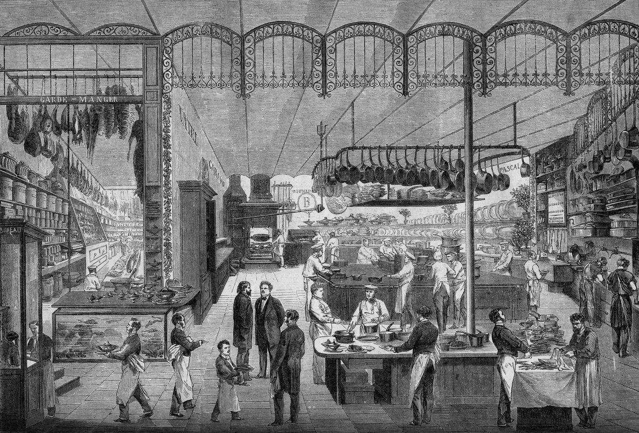 Kokker og servitører på jobb på kjøkkenet på Café Riche, i Paris, i 1866. Gravering i ""Le Monde Illustre"" nr. 499 av 3. november 1866. av French School