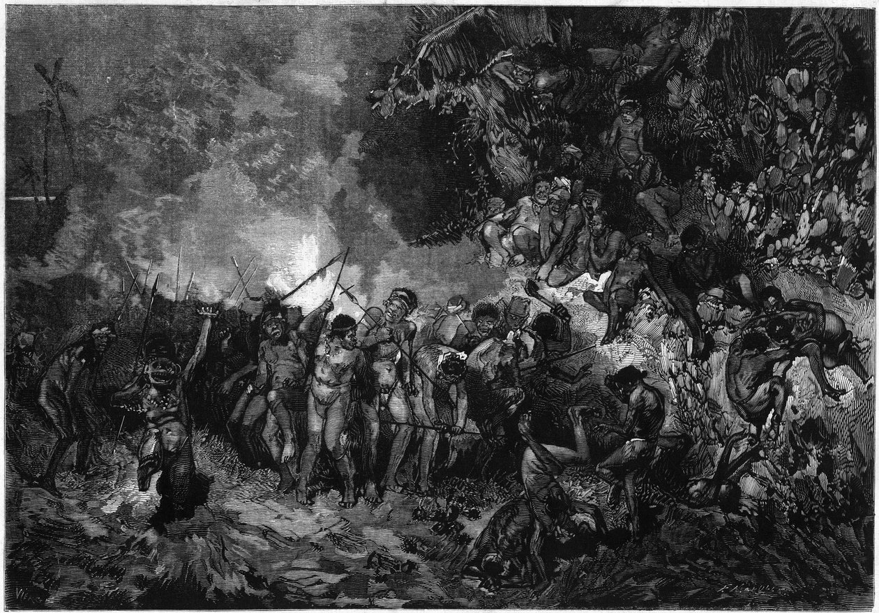 Custom of New Caledonia: Pilou pilou (Pilou-pilou), tradisjonell Kanak-dans. Gravering i "" Le Monde Illustré "" nr. 772 av 27. januar 1872. av French School
