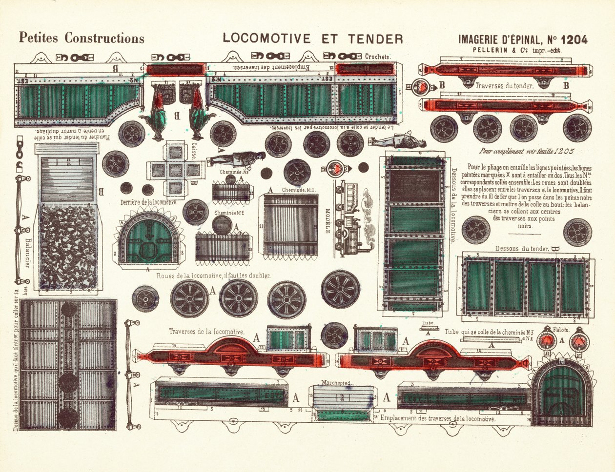 Utskårne design for et damplokomotiv og tender, ca. 1880 (farge litho) av French School