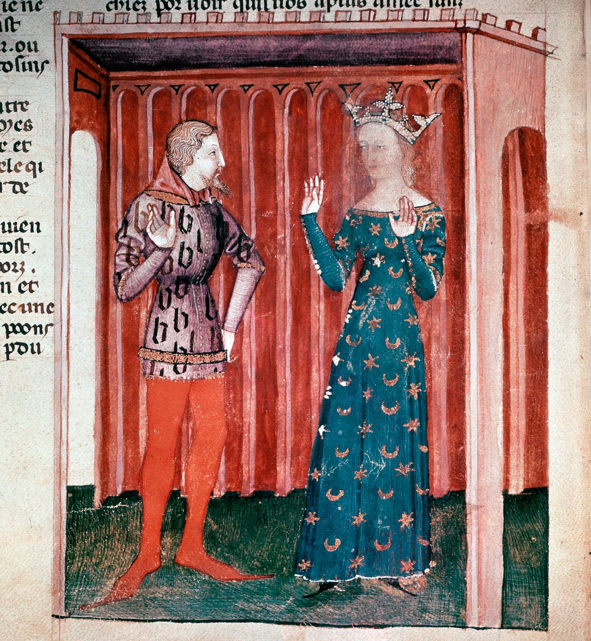 Cycle of King Arthur: Knight Lancelot du Lac og Queen Guenievre. Miniatyr fra manuskriptet "" La quete du saint grail"" (ms. fr 343 fol. 6) 1380-1385 Paris B.N. av French School