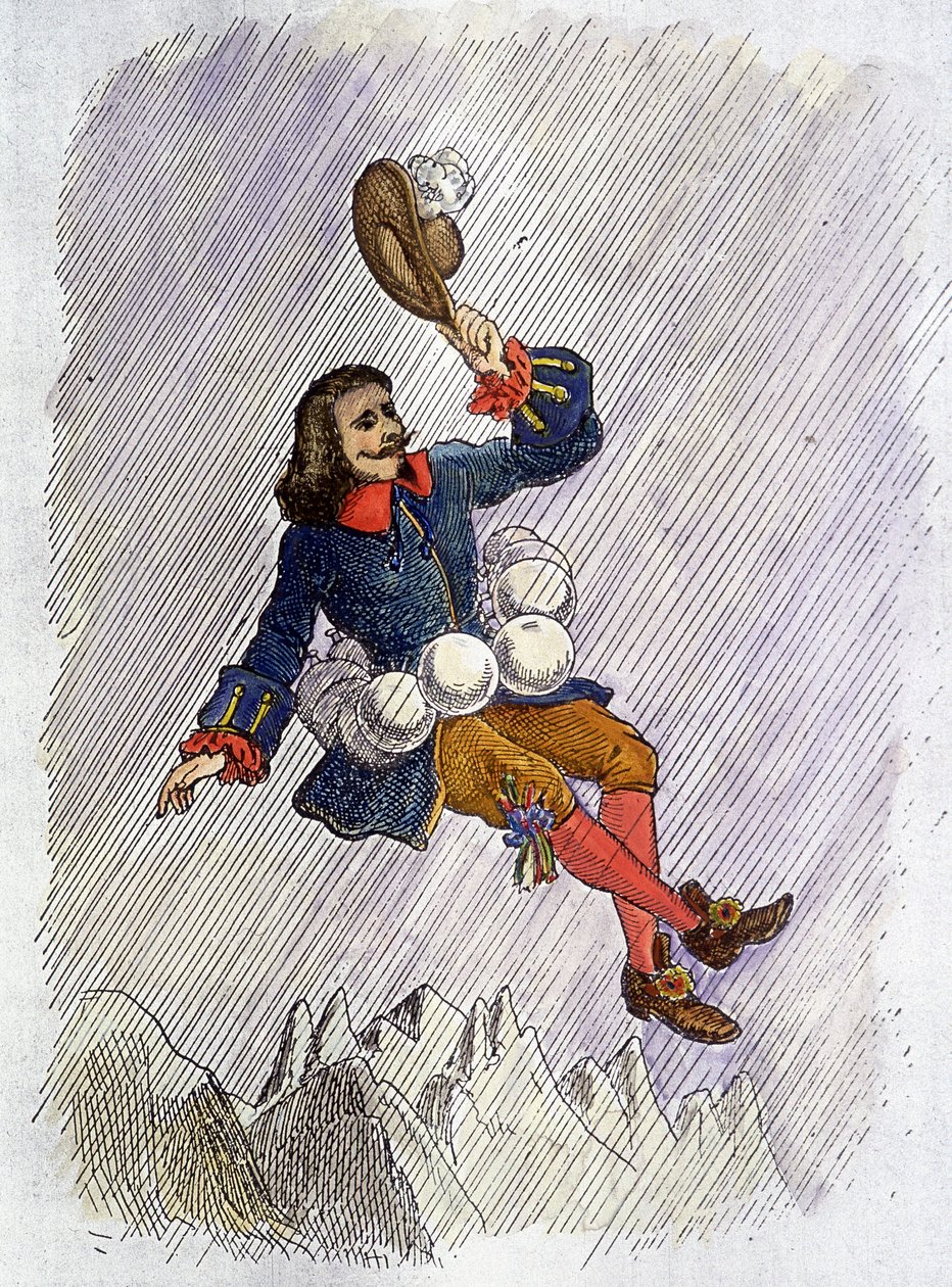 Cyrano de Bergerac i stand til ved sine hetteglass, illustrasjon av romanen av Cyrano de Bergerac: "" L'autre monde av French School