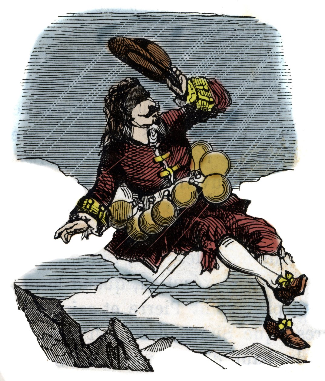 Cyrano de Bergerac reiser seg på himmelen takket være hetteglass med rosee og reise til månen, illustrasjon av romanen av Hercules Savinien Cyrano de Bergerac (1619-1655): "" Den andre verden" av French School