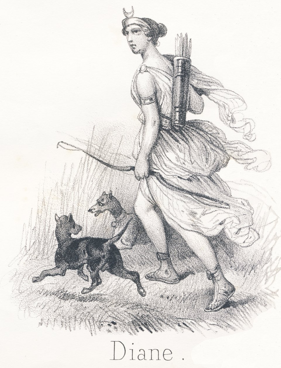 D Diana: Tvillingsøster til Apollo I himmelen, hun var Phebe eller Månen, hadde i oppgave å lyse opp jorden I helvete, hun var Hecate og presiderte over sjelenes dommer. På jorden var hun Diana, jaktens gudinne av French School