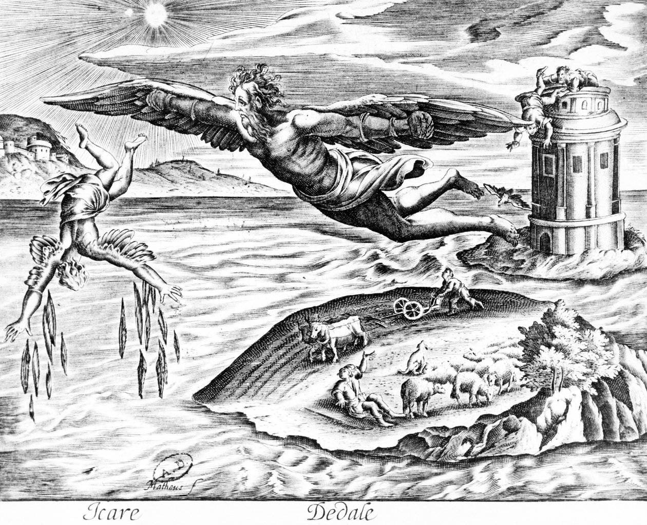 Daedalus rømmer fra Kreta med sin sønn, Icarus, ser ham falle i døden, 1619 av French School
