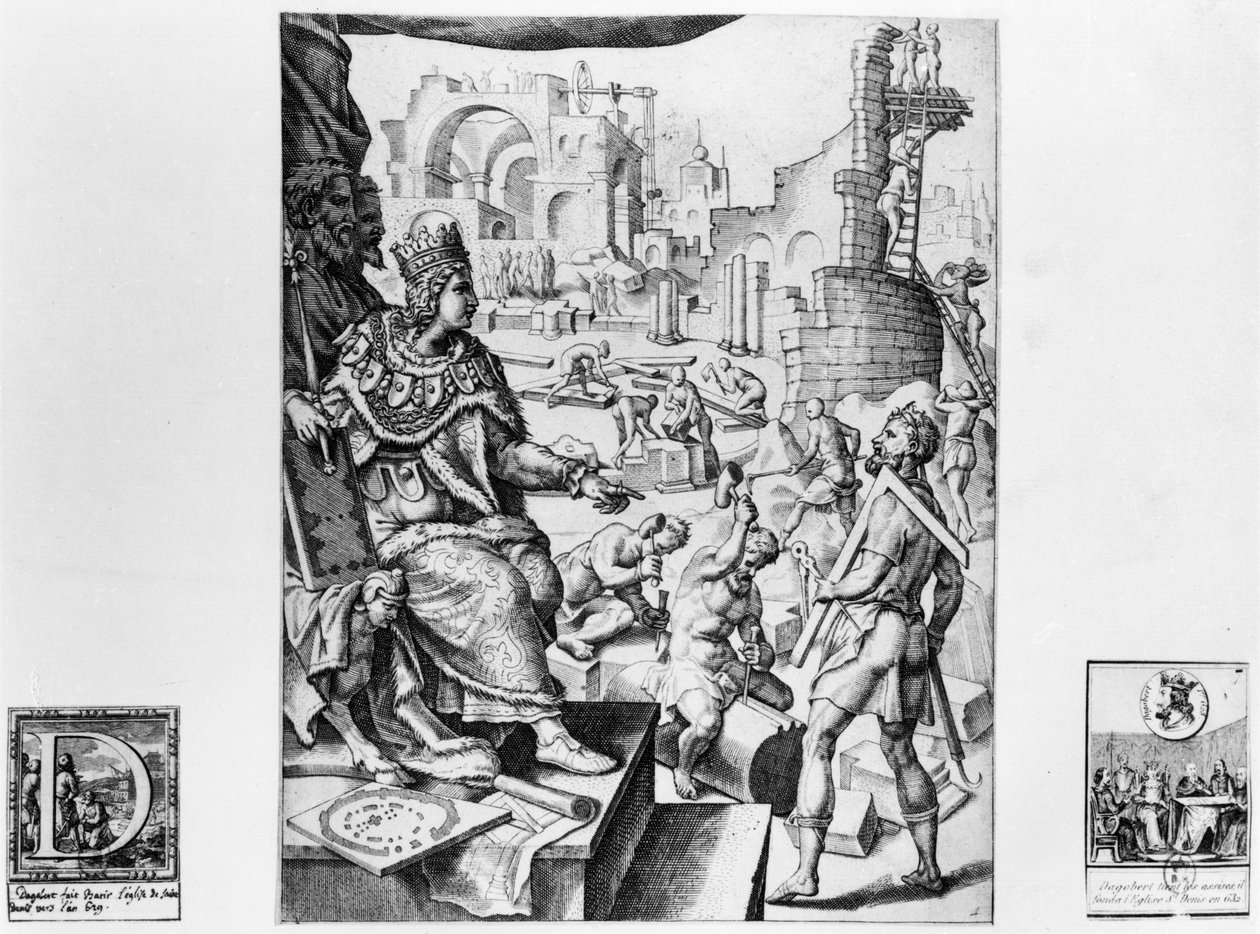 Dagobert I (605-39), kongen av frankerne, overvåker bygningen av Basilique Saint-Denis av French School