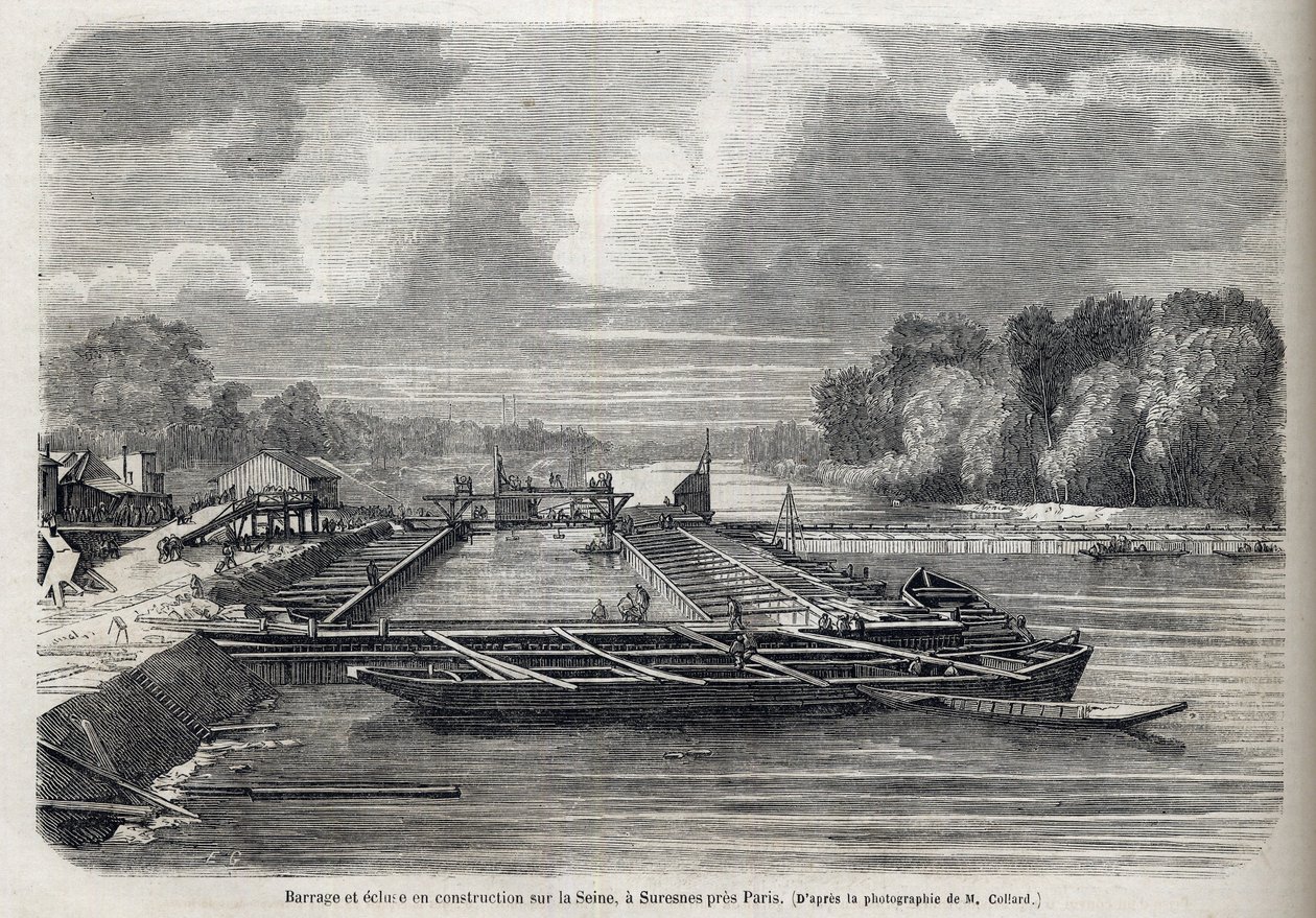 Demningen brøt ut på Seinen i SURESNES i 1866 - Gravering - Le Monde Illustré 1866 av French School