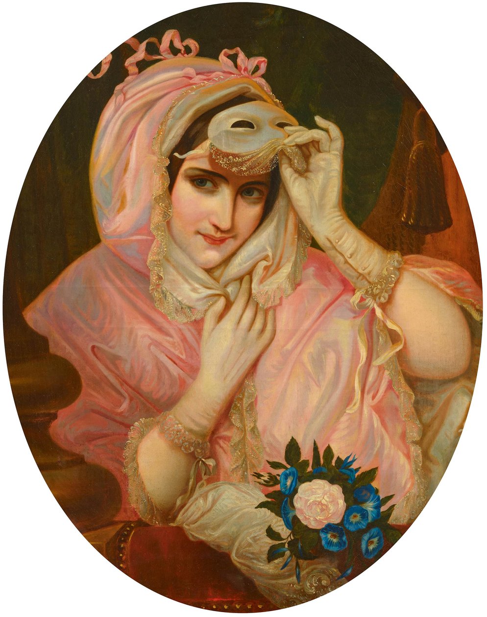 Dame med maske i rosa kappe F19Jh av French School