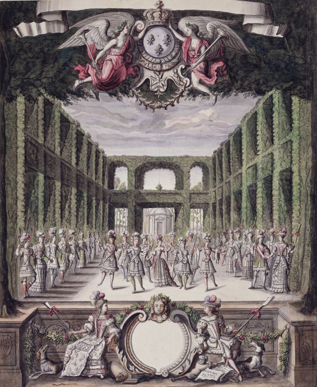 Dans i en formell hage, fra en samling med tittelen Les Menus Plaisirs du Roi (penn og blekk og wc på papir) av French School