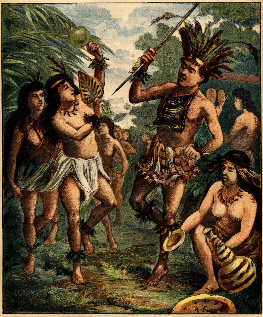 Dans av Roucouyan-indianere i Karibia. Gravering i "" La Terre Illustree"" nr. 77 av 21. april 1892. av French School