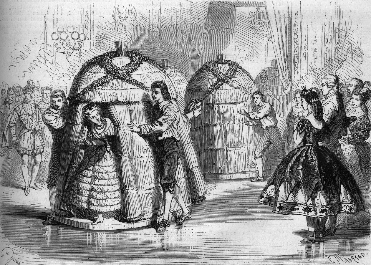 Dance show at the costume ball given by the Impress Eugenie de Montijo: “The arrival of the hives””. Four bee dancers come out of the hives. Engraving in “” Le Monde Illustré”” n°305 of 14 February 1863. av French School