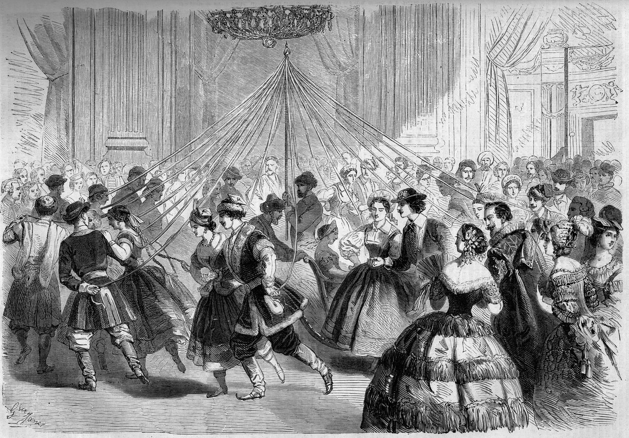 Dance: the skater grid. The dancers hold a ribbon whose end is attached to a May plant in the middle of a circle. Scene at the ball given by Count Walewski in 1861. Engraving in “” Le Monde Illustré”” n°202 of 23 February 1861. av French School