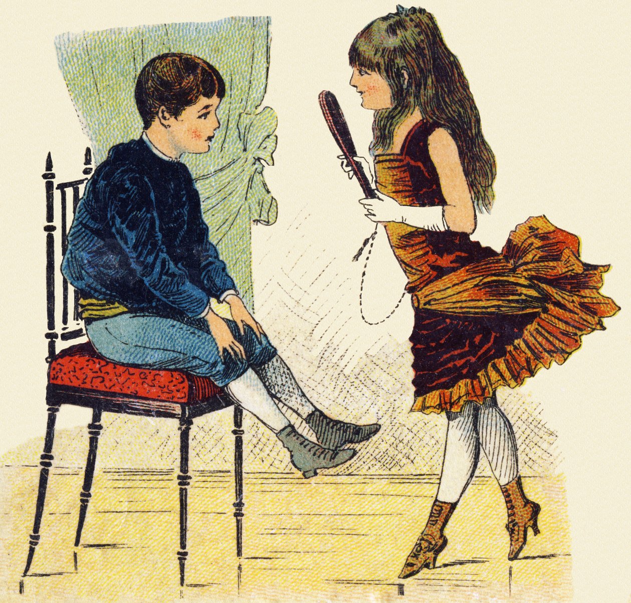 Danser. Gravering i "ABC ubesirlig på lakkert lerret". A. Capendu, redaktør, Paris, slutten av 1800-tallet. Barnebokhandel illustrert. 8 sider. Mål: 21,5x18 cm. av French School