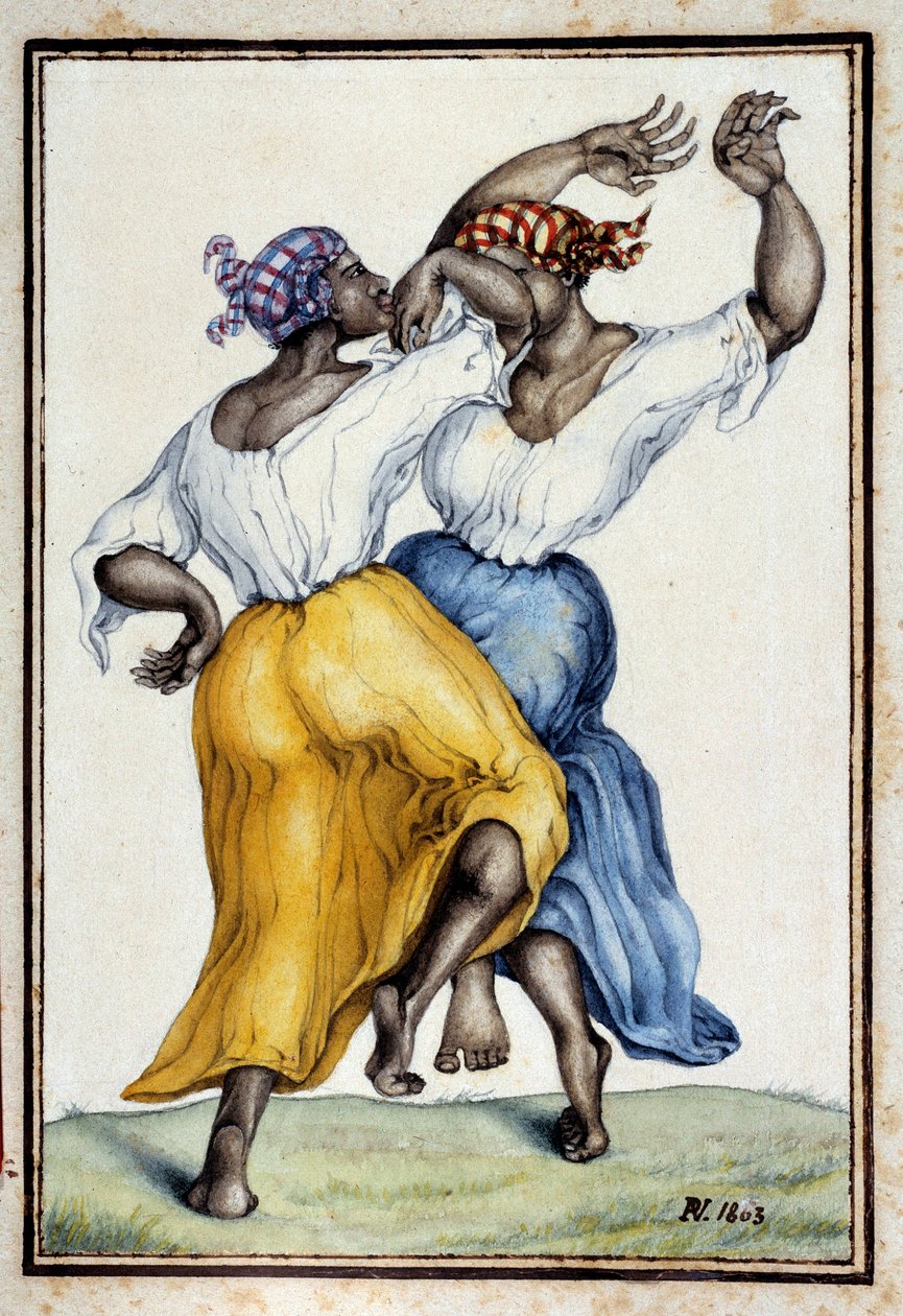 Dansere på Antillene. Gravering fra 1800-tallet. Chartres, Musee des Beaux Arts av French School