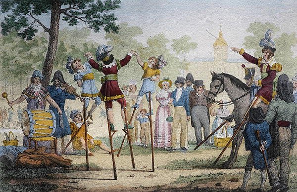 Dansere på stylter på Les Champs Elysees (farge litho) av French School