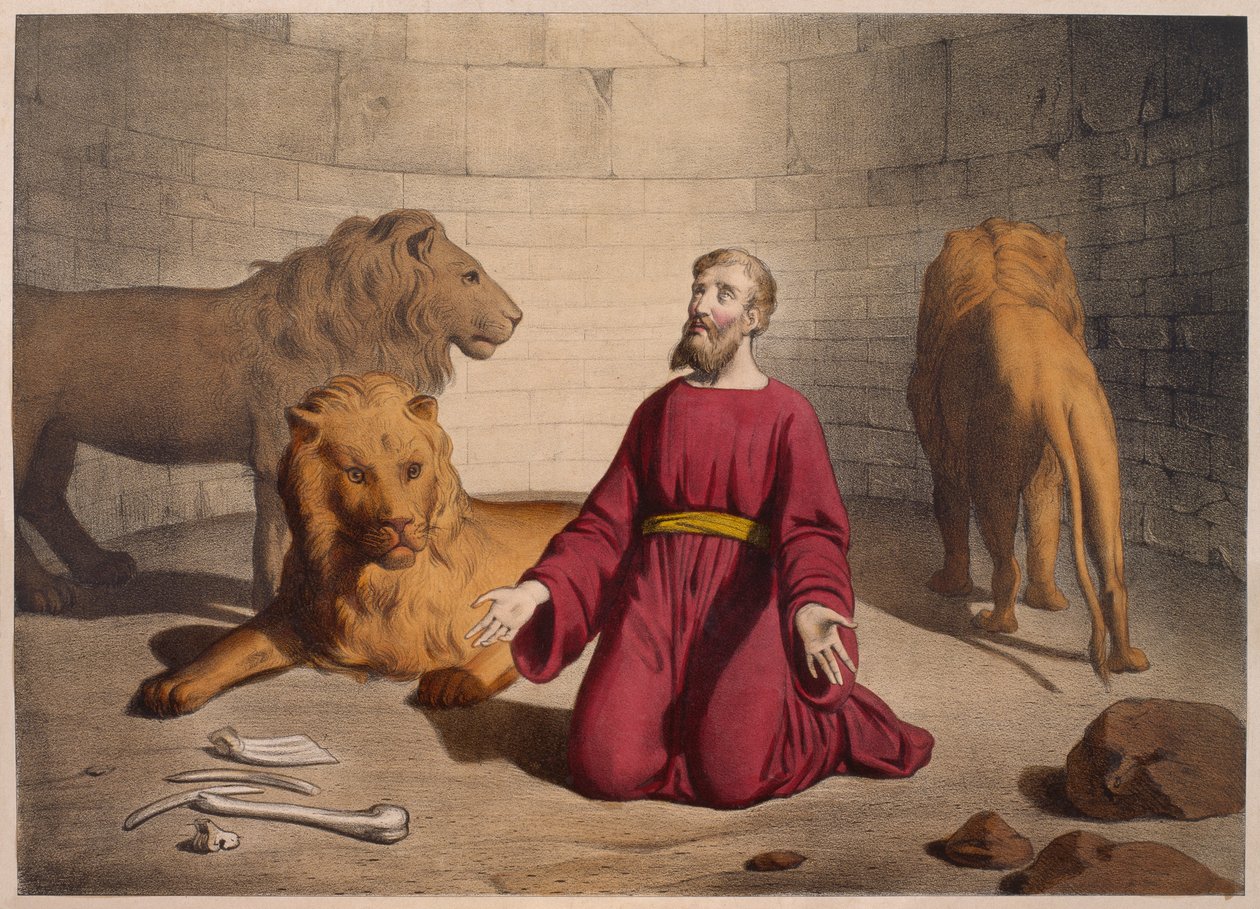 Daniel i løvehulen, illustrasjon fra en katekisme LHistoire Sainte, utgitt av Charles Delagrave, Paris, sent på 1800-tallet av French School