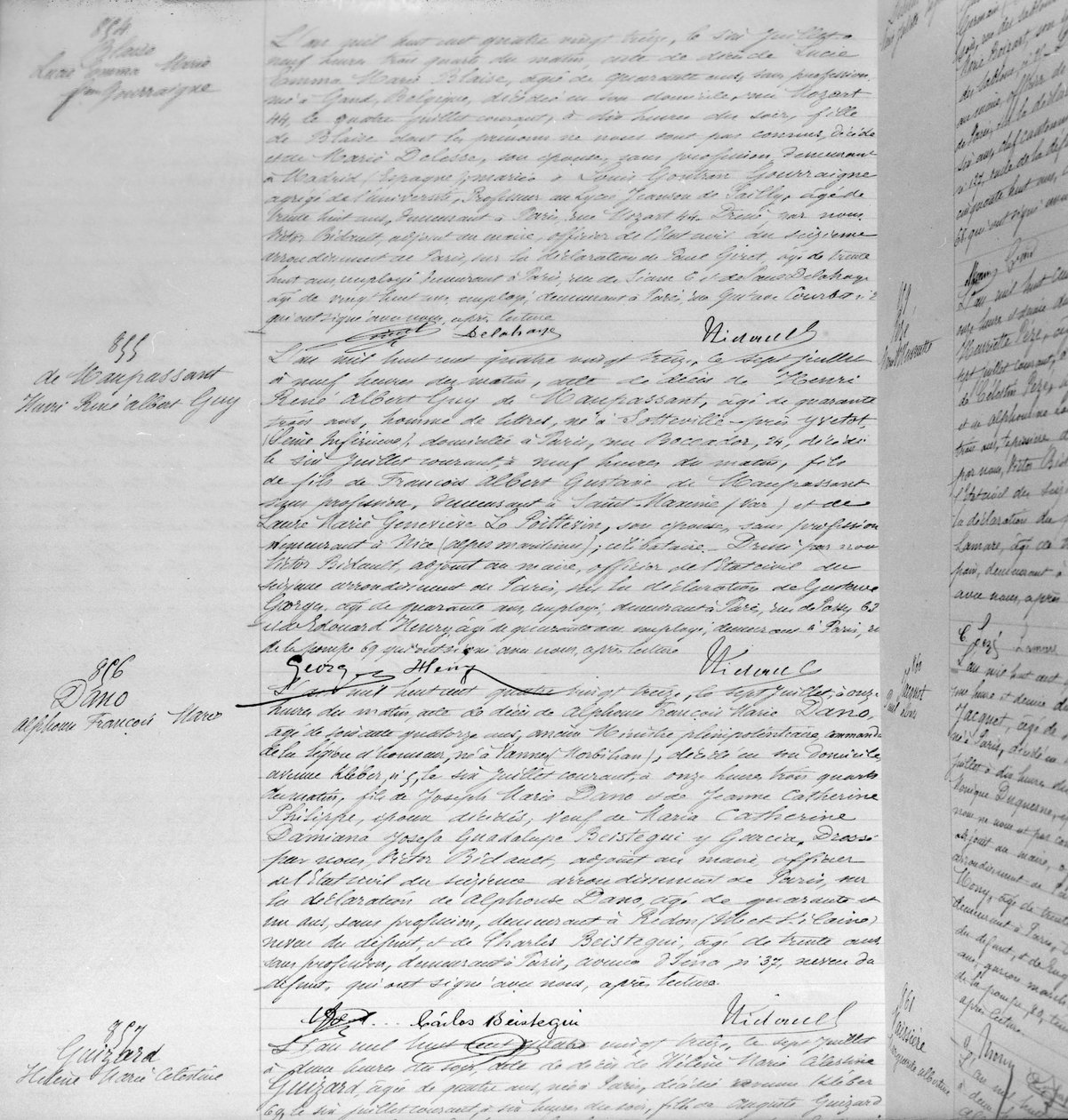 Dødsattest til Guy de Maupassant (1850-93) 7. juli 1893 (penn og blekk på papir) (detaljer) (se også 199747) av French School