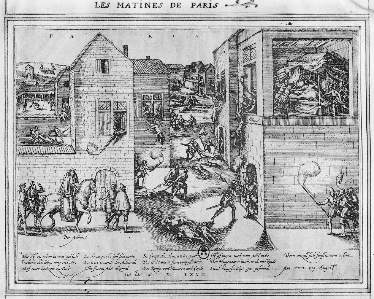 Admiral Gaspard II de Colignys (1519-72) død på tidspunktet for St. Bartolomeus-massakren i 1572 (se 187818 for farge) av French School