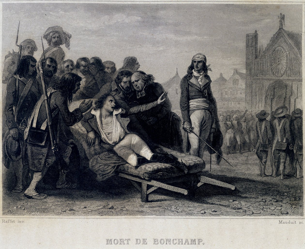 Death of Bonchamp ou Bonchamps (1793) - in “” Revolution francaise”” by Thiers. 19th century av French School
