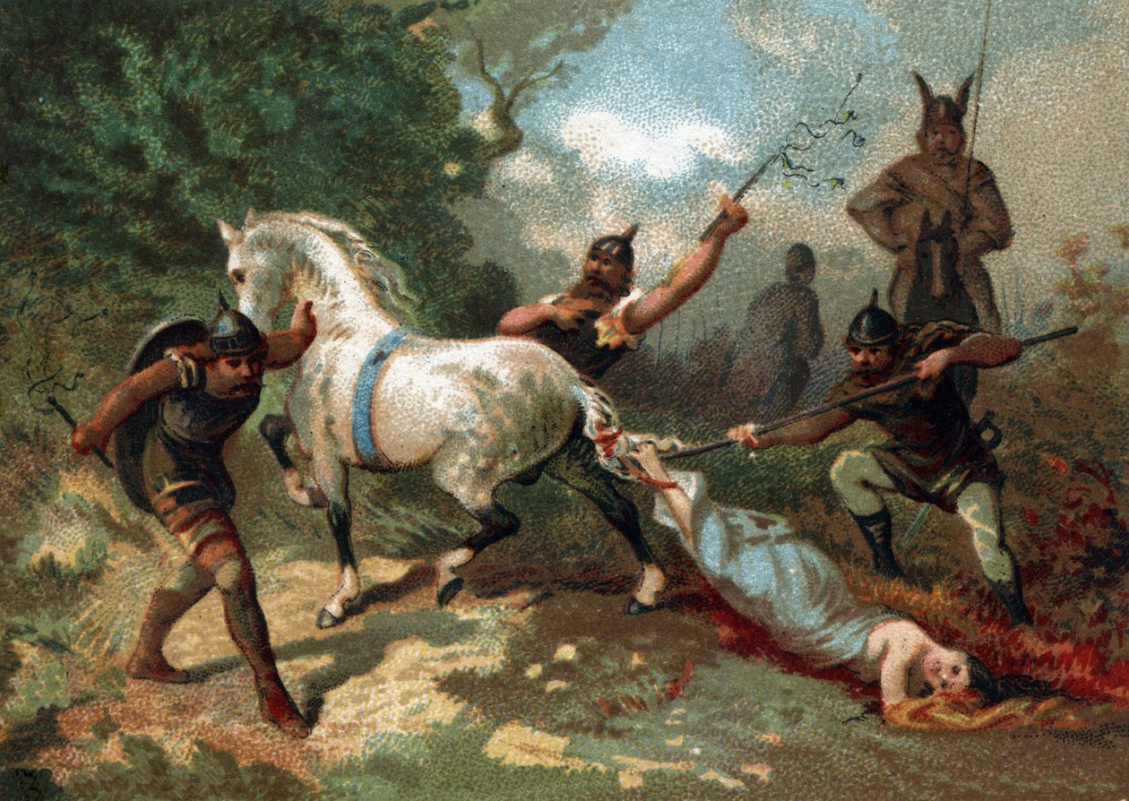 Death of Brunehaut (or Brunehilde) (tied to the tail of an indomitable horse) ordered by Clotaire II (613). Chromolithography late 19th century. av French School
