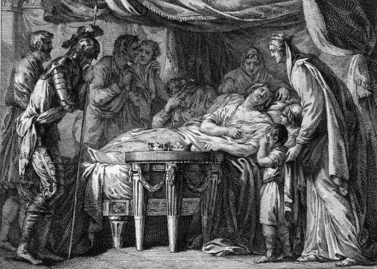 Død av Childebert II (570-596), konge av Neustria, Orleans og Burgund, som et resultat av forgiftning. 596. Gravering av 1700-tallet. av French School