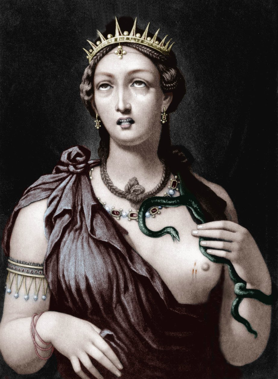 Død av Cleopatra VII, makedonsk dronning av Egypt (farget gravering) av French School