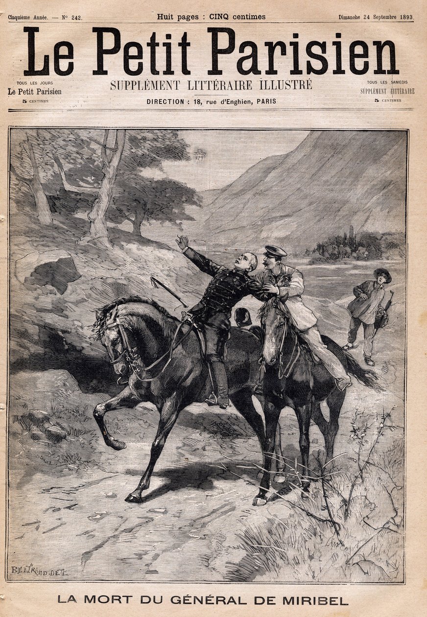 General Marie Joseph Francois de Miribels (1831-1893) død fra en apopleksikrise ved retur fra en inspeksjon i Alpene. En av avisen "Le Petit Parisien"" den 24/09/1893. av French School