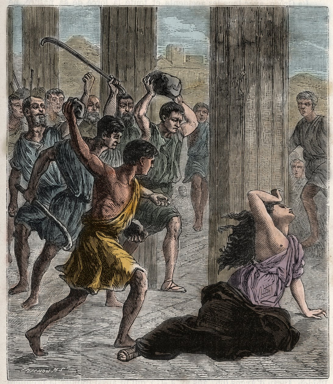 Death of Hypatia - Hypatia (c370-415) kvinnelig matematiker og filosof (neoplatonist) myrdet av tilhengere av Cyril, patriark av Alexandria - Death of hypatia (Hypatia) - Gravering i "" Vitenskap brakt til alle - fysikk og kjemi" b av French School