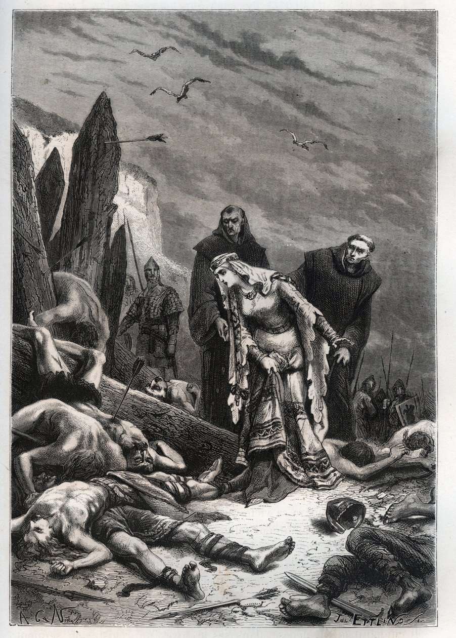Kong Harold IIs (1022-1066) død i slaget ved Hastings i 1066 - Edith Swannesha (Swanneck), kjent som Edith la Juste (1025-1086) oppdager liket av mannen sin - Ealdgyth (Edith the Fair eller Edith Swanneschal) , oppdager liket til Harold Godwi av French School