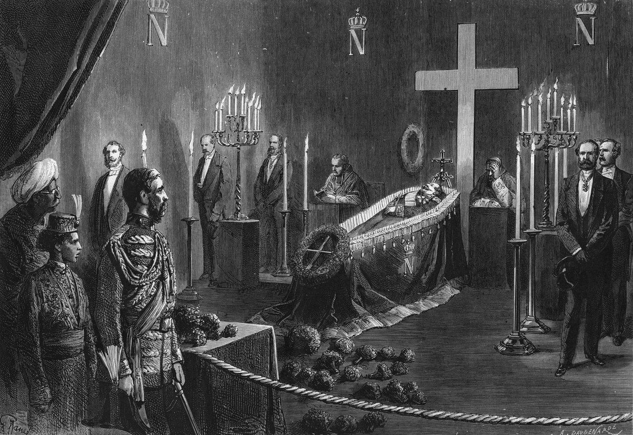 Napoleon IIIs død: restene av Napoleon III i det brennende kapellet i Camden House 14. februar 1873. av French School