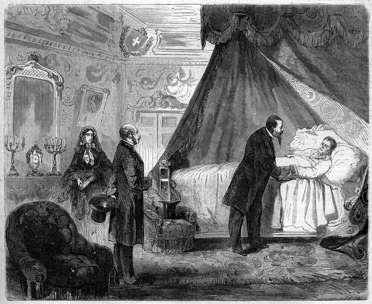 Greven av Cavours død, 6. juni 1861: Kongen av Italia Victor Emmanuel II (Victor-Emmanuel) (Vittorio Emanuele) (1820-1878) besøkte Camillo Benso, grev av Cavour (1810-1861), dagen før hans død. Gravering i "" Le Monde Illustré"" nr. 218 av 15. jun av French School