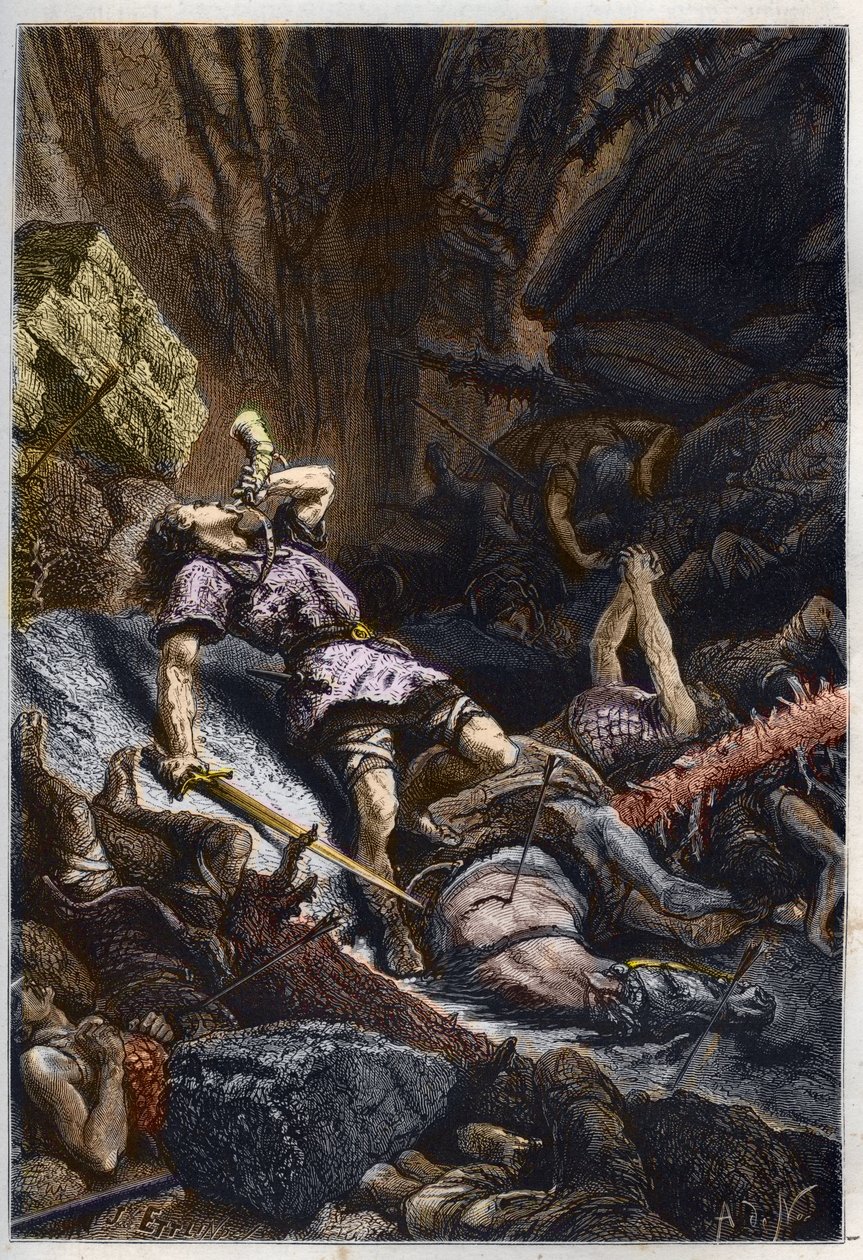 Død av Ridder Roland, nevø av Charlemagne, i slaget ved Roncevaux (778) mot Armee of Charlemagne og Saracens - Rolands død i slaget ved Roncesvaux Pass, 778 - gravering fra "" L