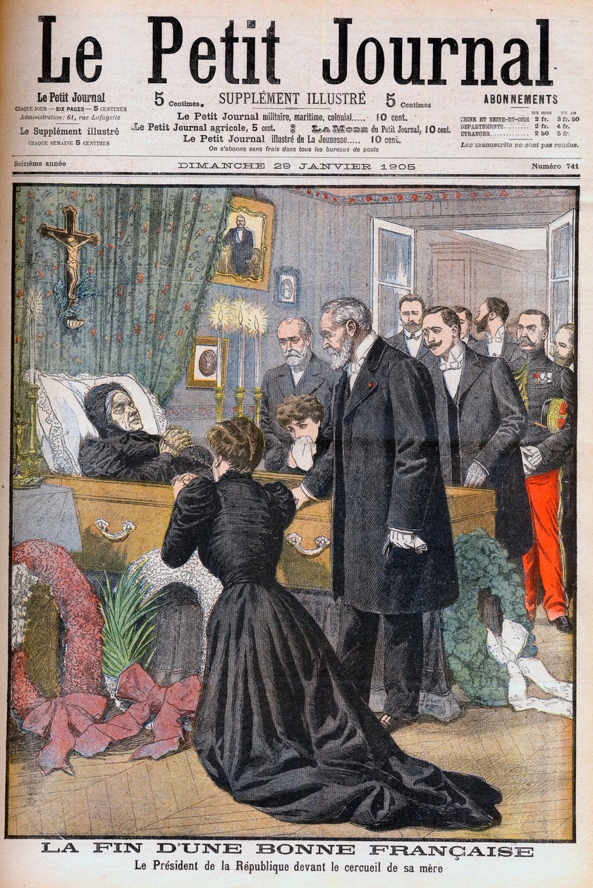 Moren til Frankrikes president Loubet døde. Slutten på en god franskkvinne. Republikkens president foran morens kiste. Illustrasjon for Le Petit Journal, 29. januar 1905 (gravering) av French School