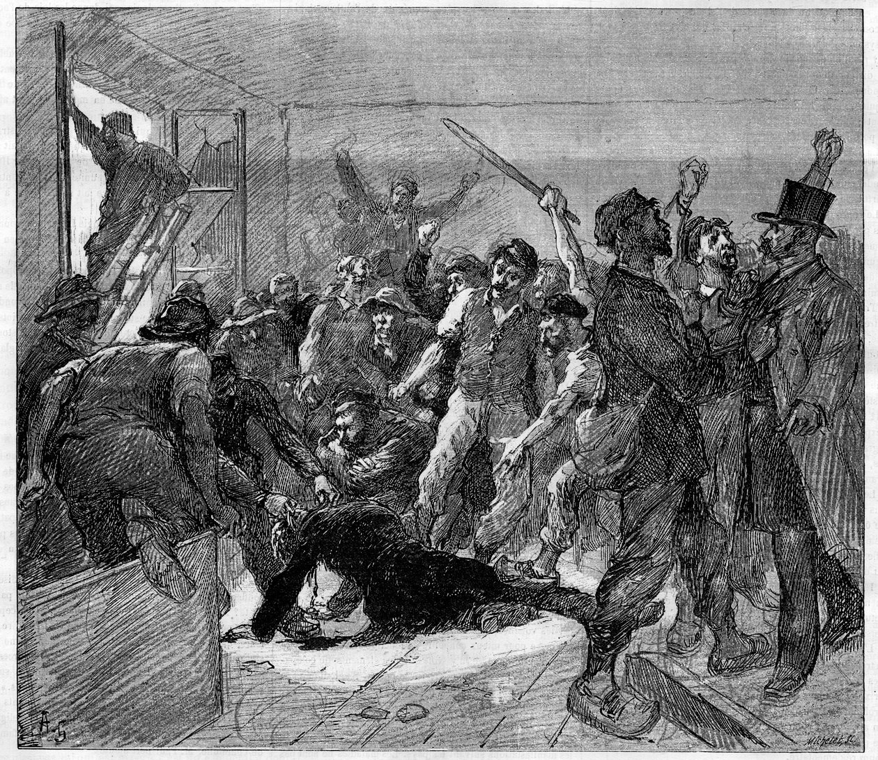 Decazeville (Aveyron) gruvearbeidere streiket i 1886: ingeniør Watrin ble myrdet av grevistene. Gravering i "" Le Monde Illustré", 6. februar 1886. av French School
