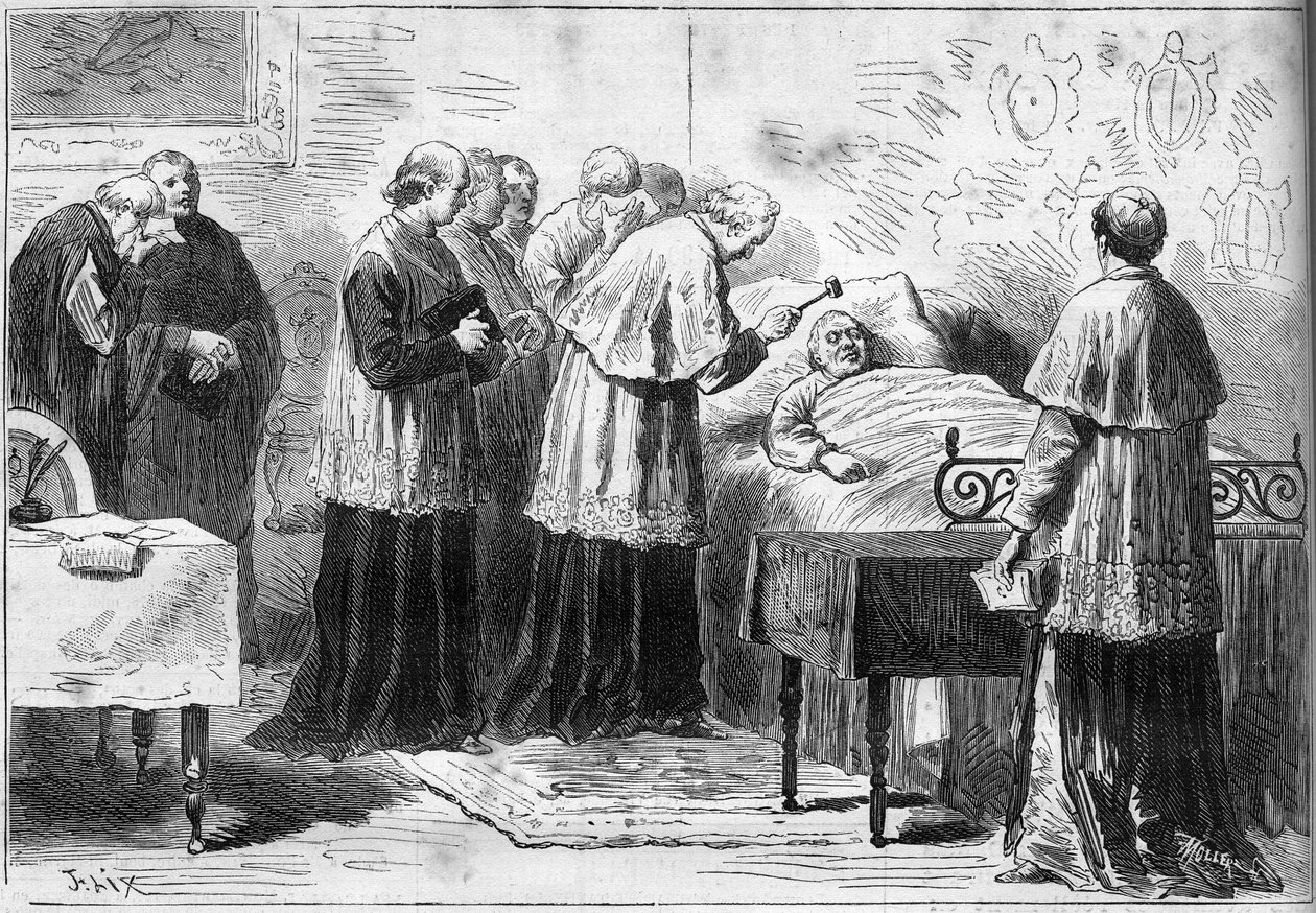 Deces of Pave Pius IX (Pio) (1792-1878): ritual for anerkjennelse av pavens død. En kardinal slår den avdødes panne med en sølvhammer. Gravering i "" Le Monde Illustré"" nr. 1089 av 16. februar 1878. av French School