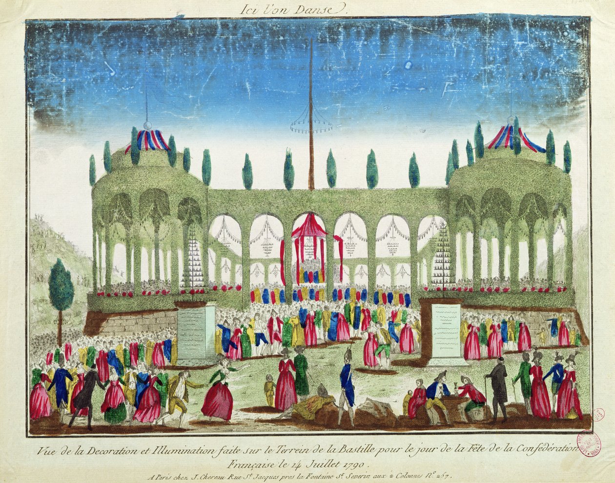 Dekorasjon og belysning av Bastillen for forbundsfestivalen, 14. juli 1790 av French School