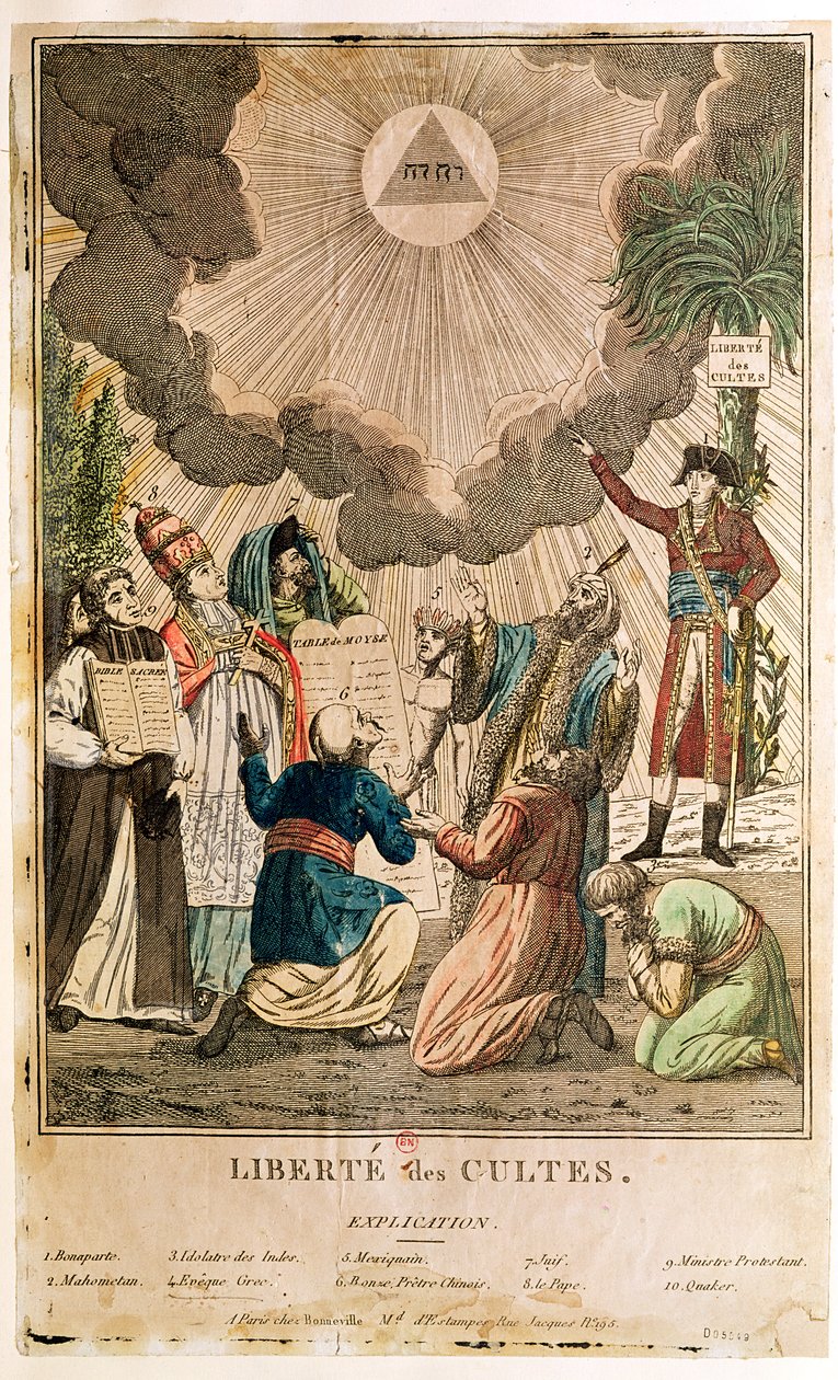 Dekret som innstifter friheten til tilbedelse, november 1799 (farget gravering) av French School
