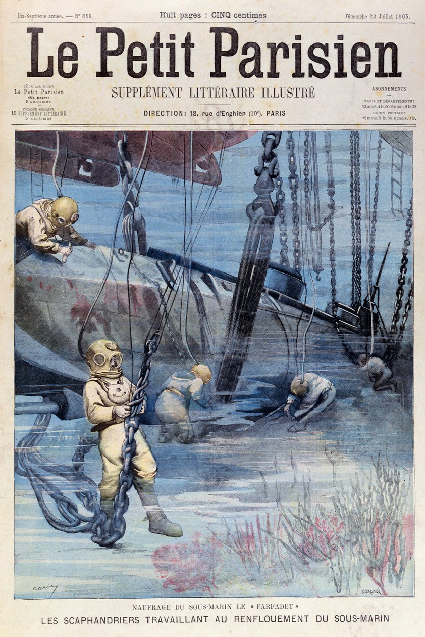 Dyphavsdykkere som forsøker å heve Farfadet, fra Le Petit Parisien, 23. juli 1905 av French School
