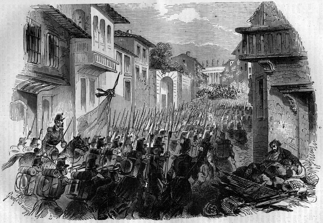 Forsvar av Roma mot den franske hæren. General Oudinot grep Roma i slaget ved Janicule 30. juni 1849 og jaget de revolusjonære i juli for å svare pave Pius IX. Gravering i "Histoire des Papes-Rois-Queen and Empereurs a travers les centur av French School