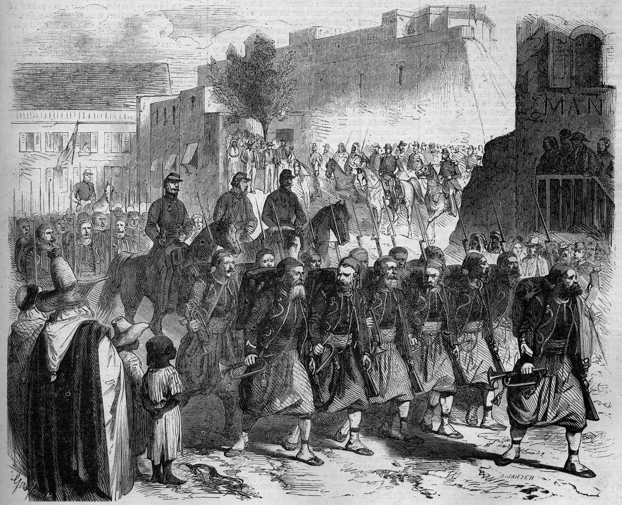Besmitte de andre zouavene, tilbake fra Kabylie, foran general de Montauban. Oran, Algerie av French School