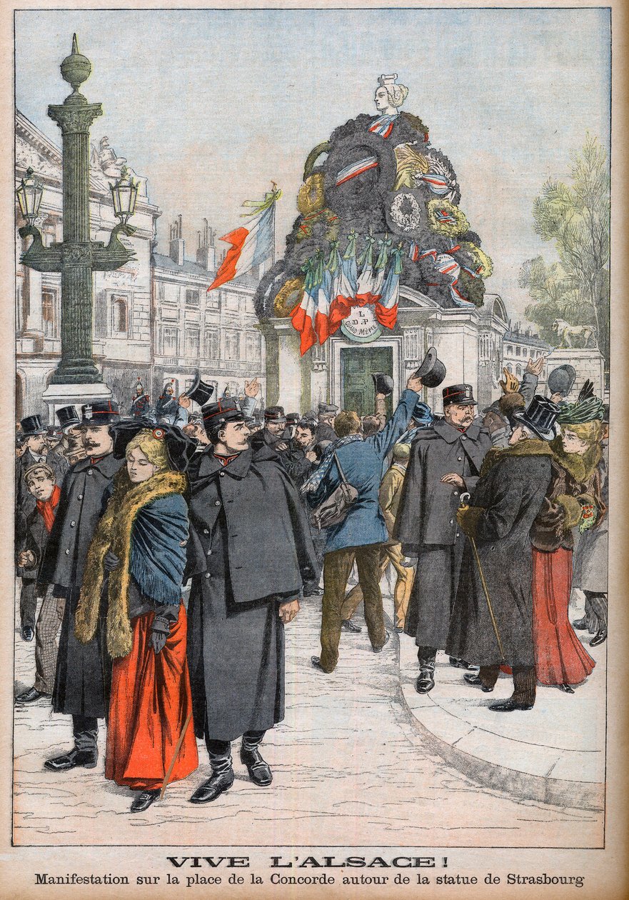 Demonstrasjon som krever at Alsace returneres til Frankrike. Demonstranter rundt statuen av Strasbourg på Place de la Concorde i Paris. Lenge leve Alsace! Demonstrasjon på Place de la Concorde rundt statuen av Strasbourg. Illustrasjon for "L av French School